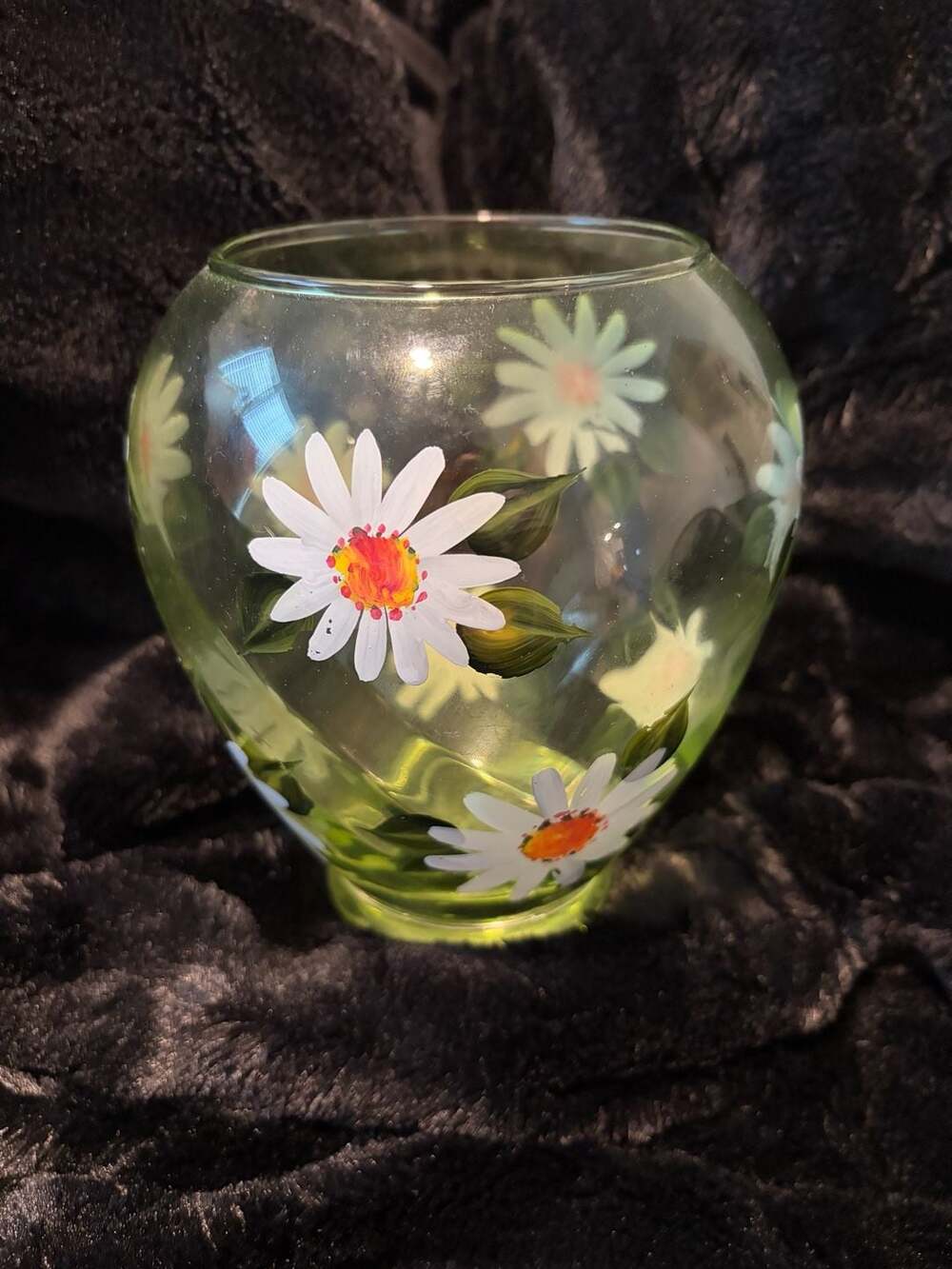 Teleflora Hand-Painted Daisy Floral Green Glass Swirl Vase